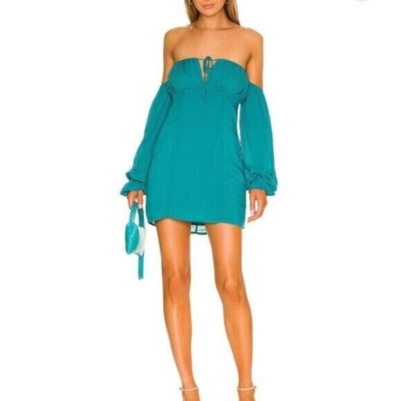 MAJORELLE Dresses & Skirts - Solare Mini Dress Majorelle Revolve Ocean Blue Polka Dot Off The Shoulder Small